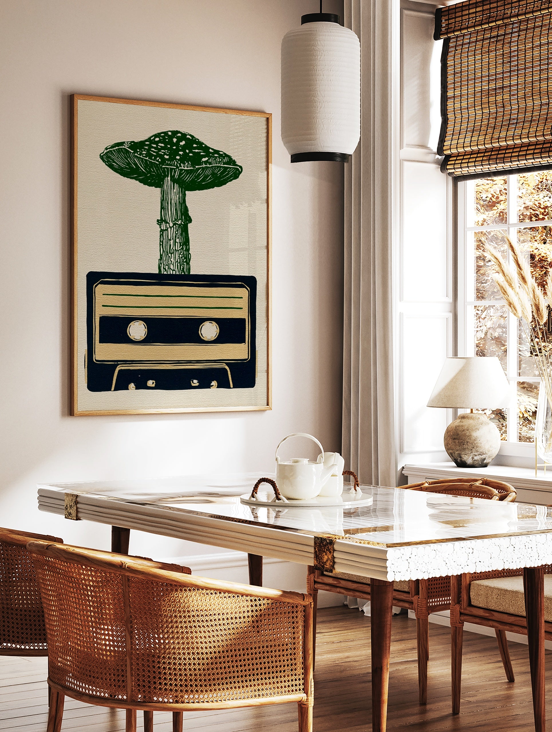 Linocut style illustration of a green mushroom growing out of a dark blue cassette tape on a tan, in a styled room mockup