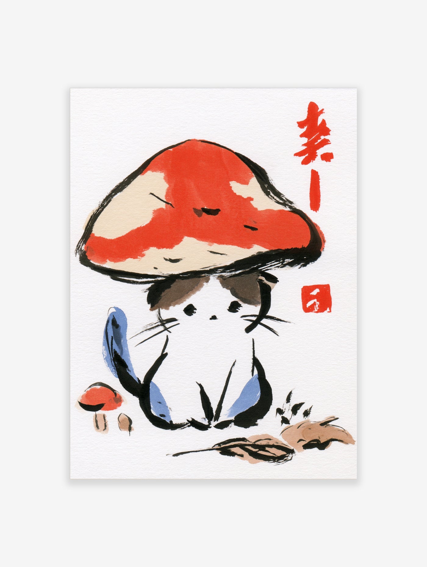 Whimsical cat with red mushroom hat and blue accents, red calligraphy, ink style art print