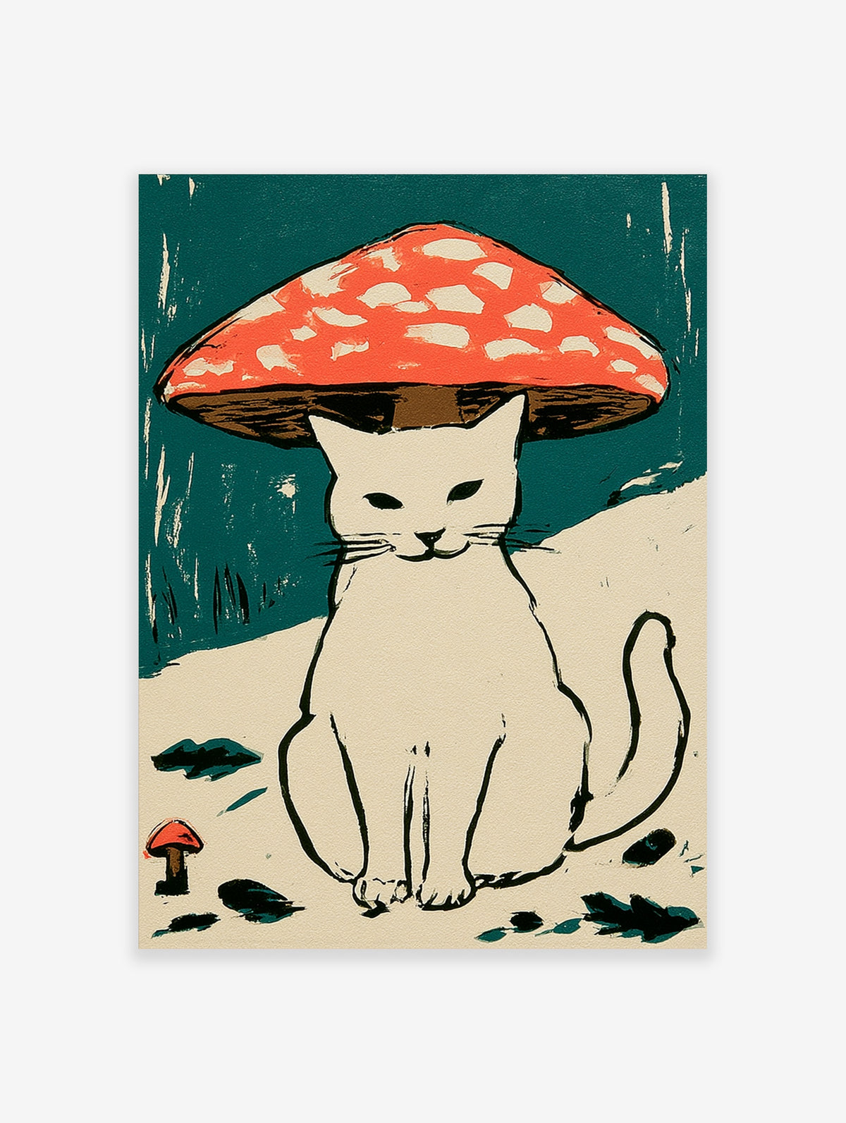 White cat with red spotted mushroom cap hat, teal background, whimsical illustration print