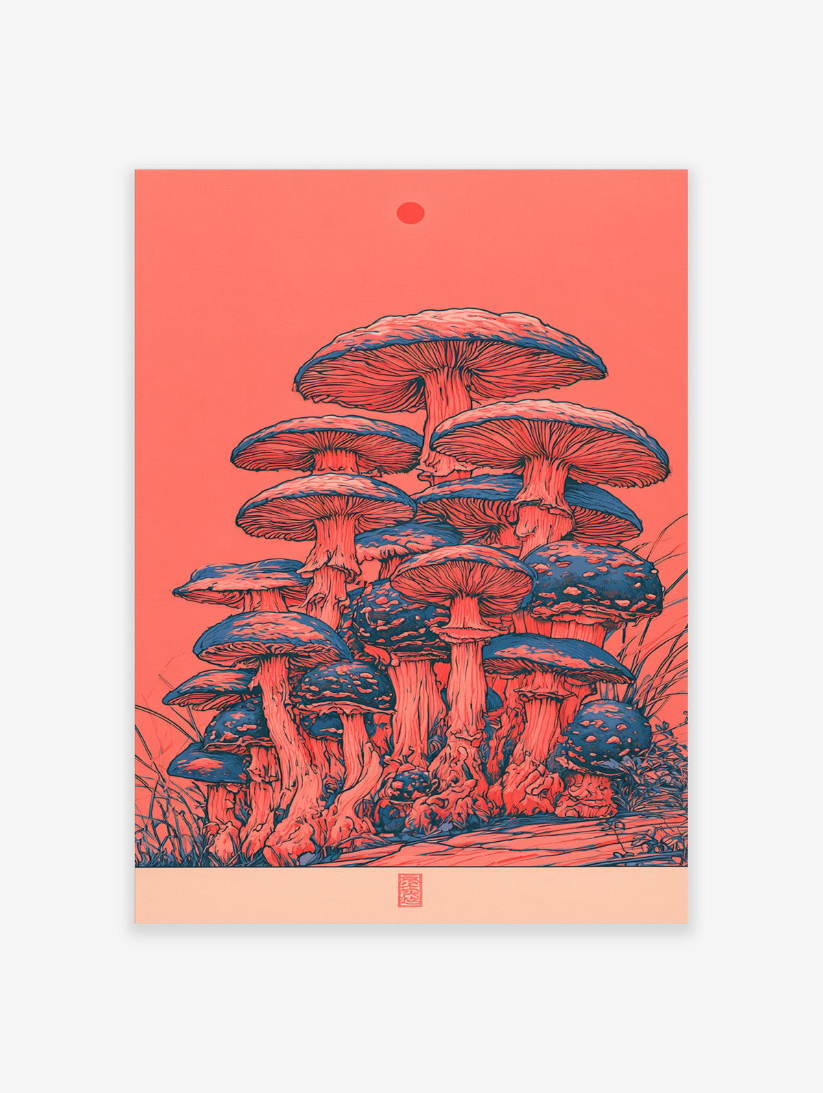Mushroom cluster illustration with red and blue caps, red sun, coral background