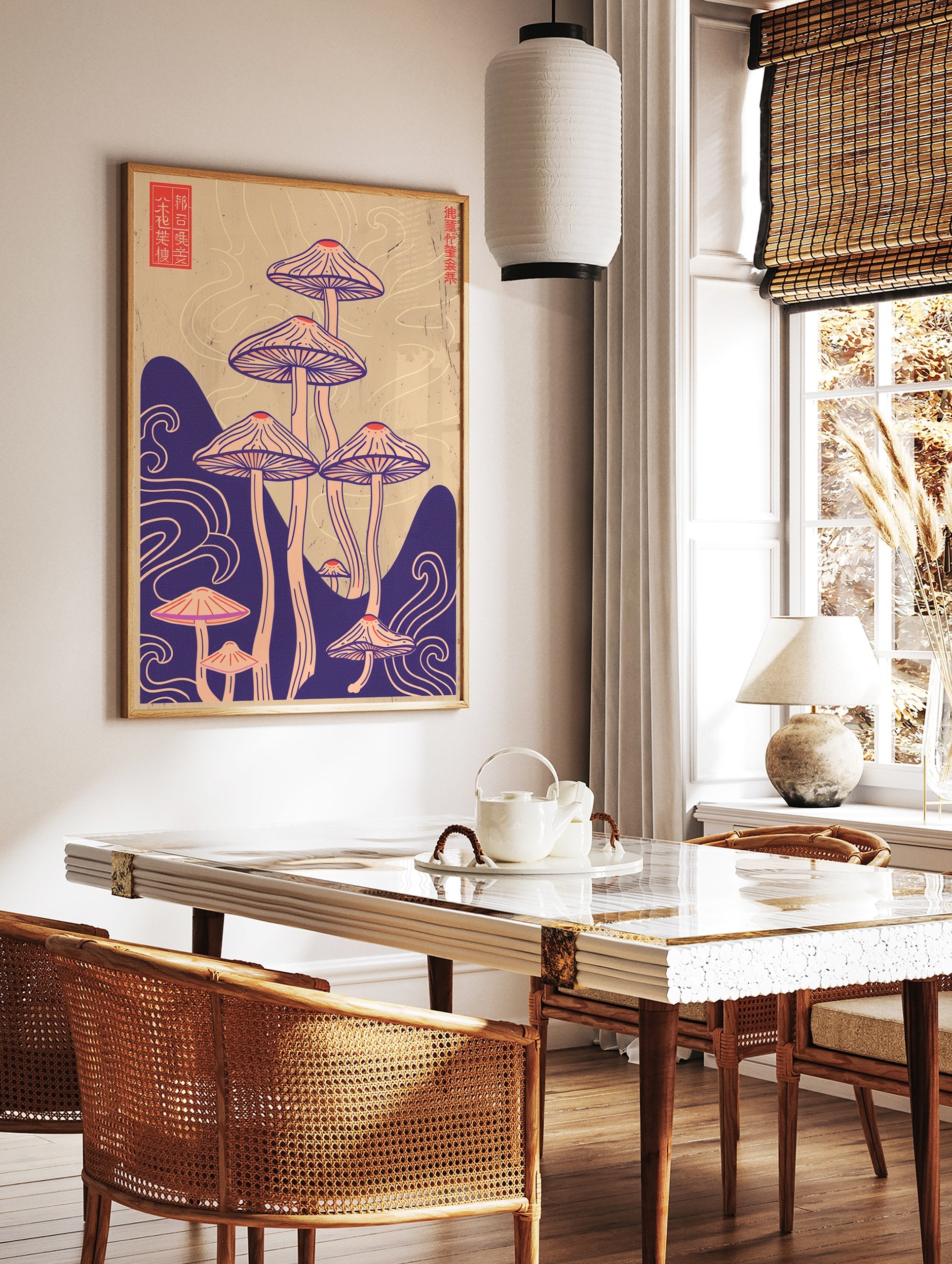 Illustrative mushroom poster with purple and pink fungi, flowing waves, and Japanese characters on a beige background. - Image 2