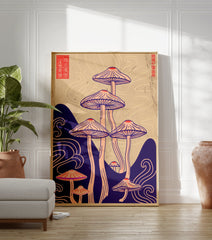 Illustrative mushroom poster with purple and pink fungi, flowing waves, and Japanese characters on a beige background. - Image 3