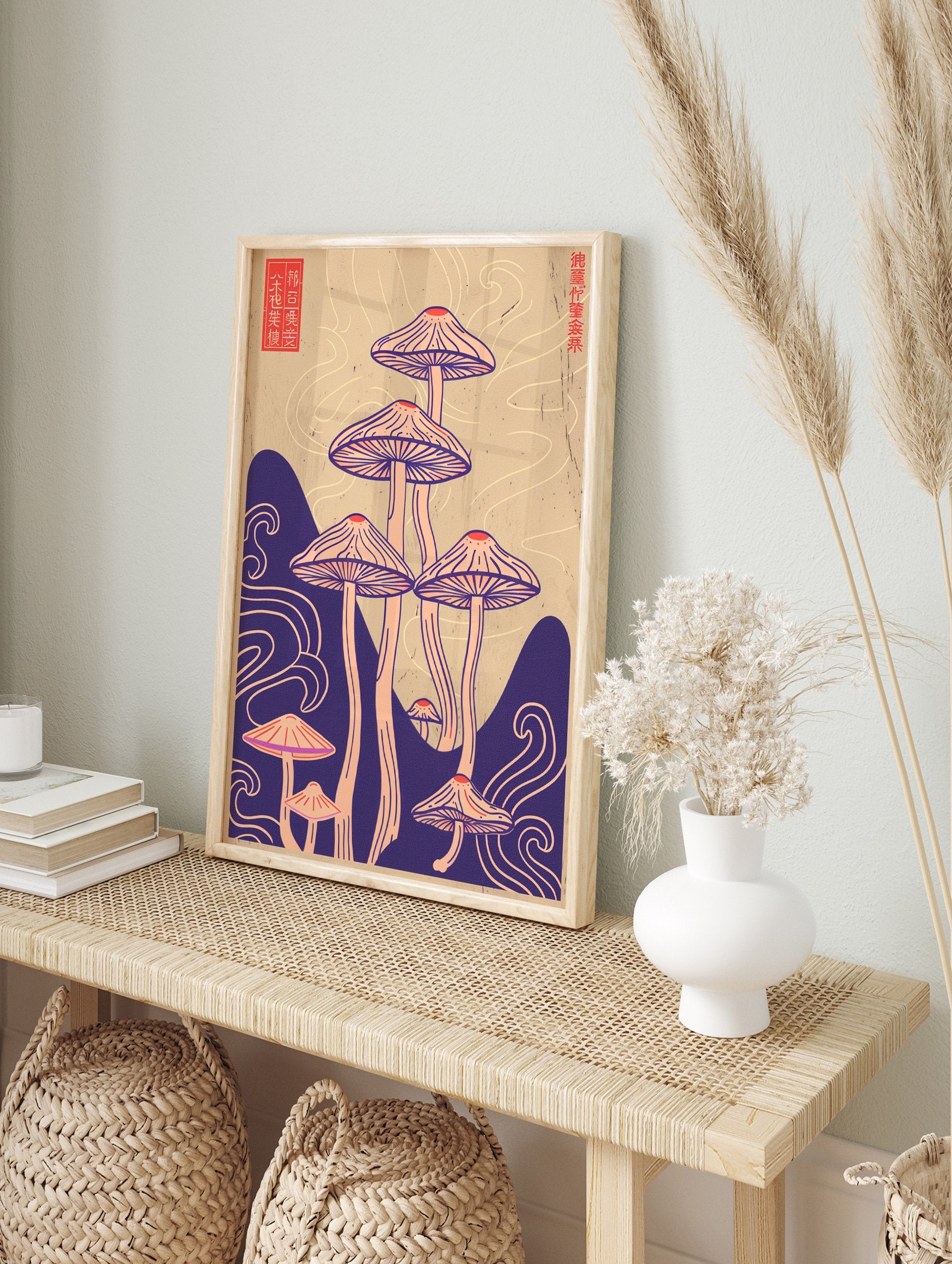 Illustrative mushroom poster with purple and pink fungi, flowing waves, and Japanese characters on a beige background. - Image 4