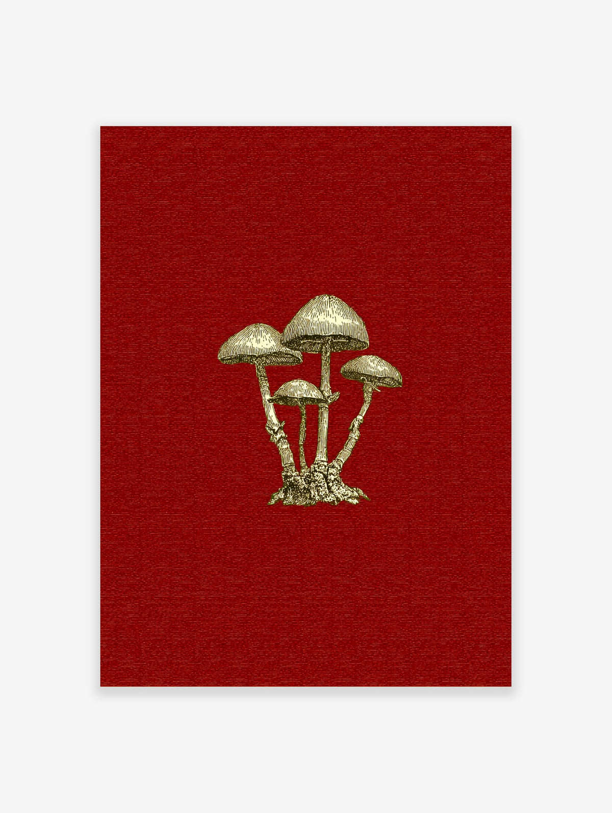 Vintage mushroom illustration print with detailed fungi on deep red background
