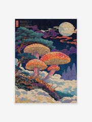 Japanese ukiyo-e style poster of vibrant orange mushrooms under a starry night sky with a full moon and pine trees.