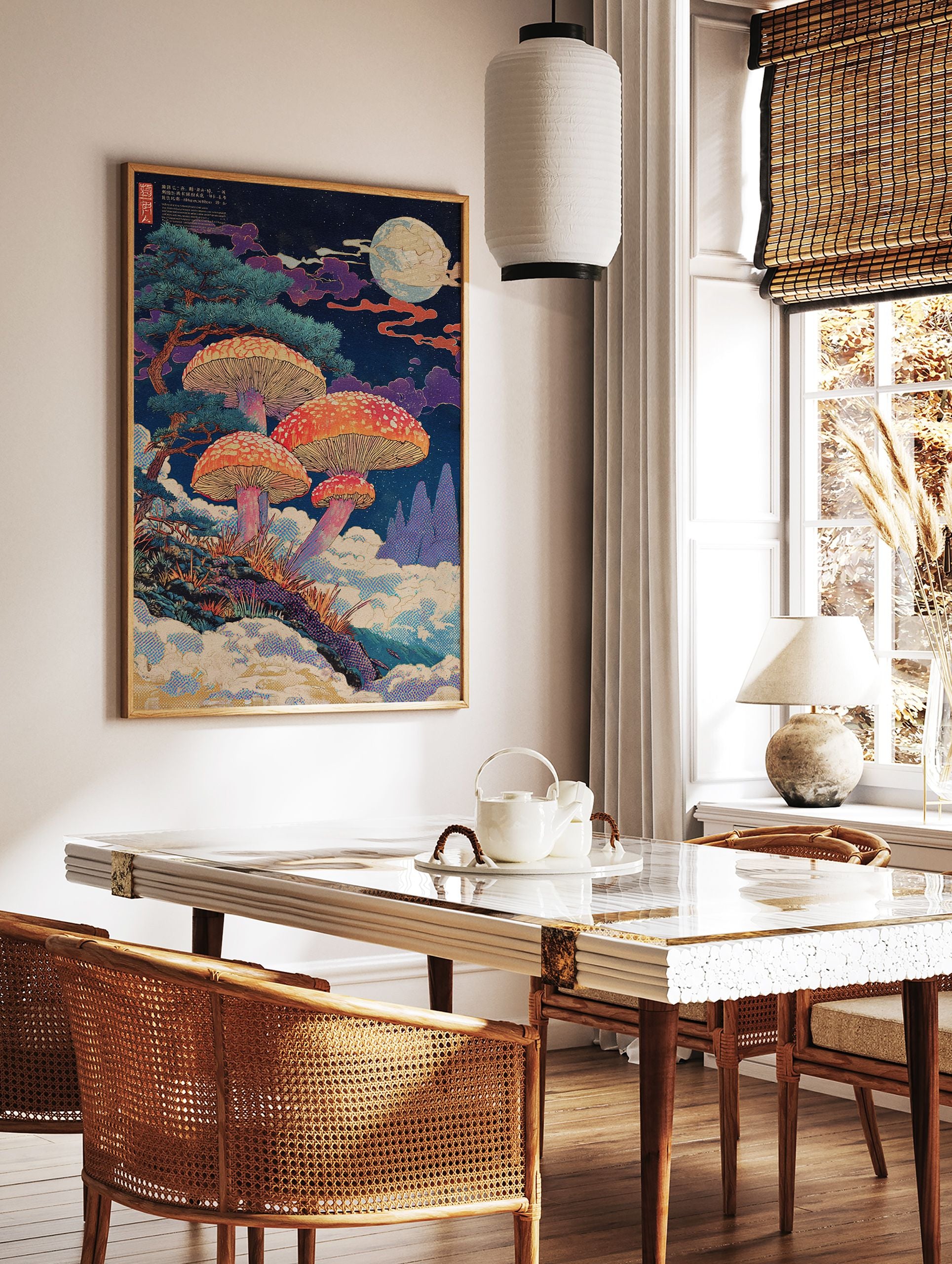 Japanese ukiyo-e style poster of vibrant orange mushrooms under a starry night sky with a full moon and pine trees. - Image 2