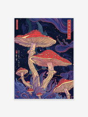 Psychedelic mushroom poster with red-capped fungi, purple plants, and Japanese text on a dark, starry background.