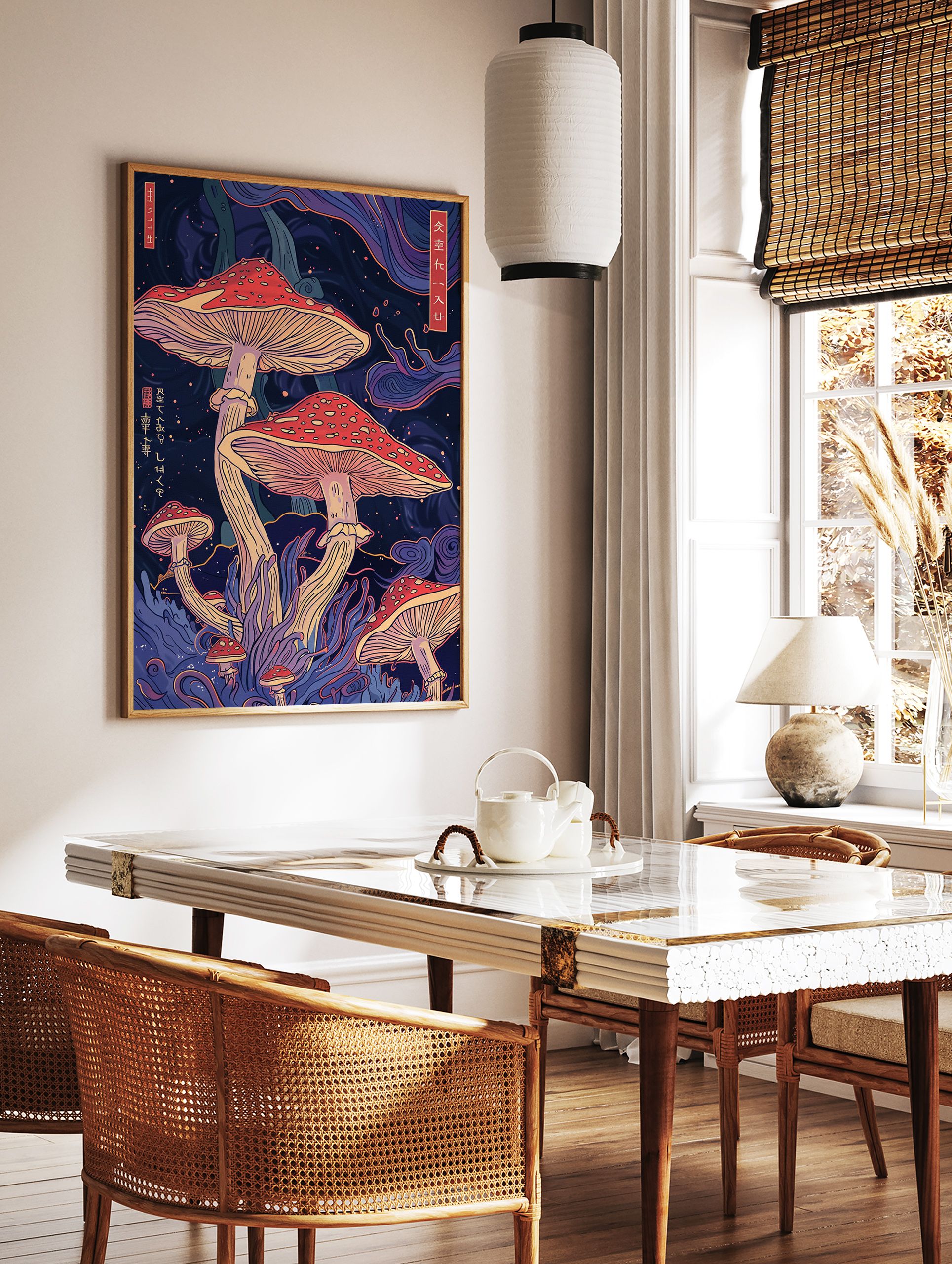 Psychedelic mushroom poster with red-capped fungi, purple plants, and Japanese text on a dark, starry background. - Image 2