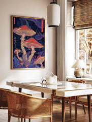 Psychedelic mushroom poster with red-capped fungi, purple plants, and Japanese text on a dark, starry background. - Image 2