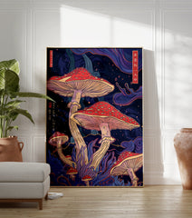 Psychedelic mushroom poster with red-capped fungi, purple plants, and Japanese text on a dark, starry background. - Image 3