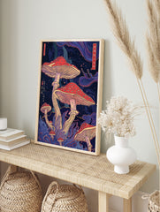 Psychedelic mushroom poster with red-capped fungi, purple plants, and Japanese text on a dark, starry background. - Image 4