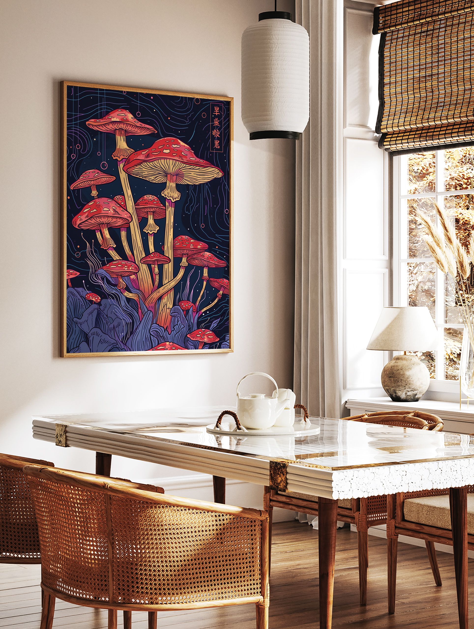 Mushroom poster illustration with red and yellow fungi on a dark background with blue and purple lines, featuring Japanese characters. - Image 2