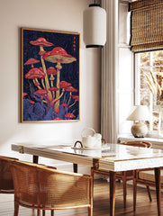 Mushroom poster illustration with red and yellow fungi on a dark background with blue and purple lines, featuring Japanese characters. - Image 2