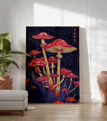 Mushroom poster illustration with red and yellow fungi on a dark background with blue and purple lines, featuring Japanese characters. - Image 3