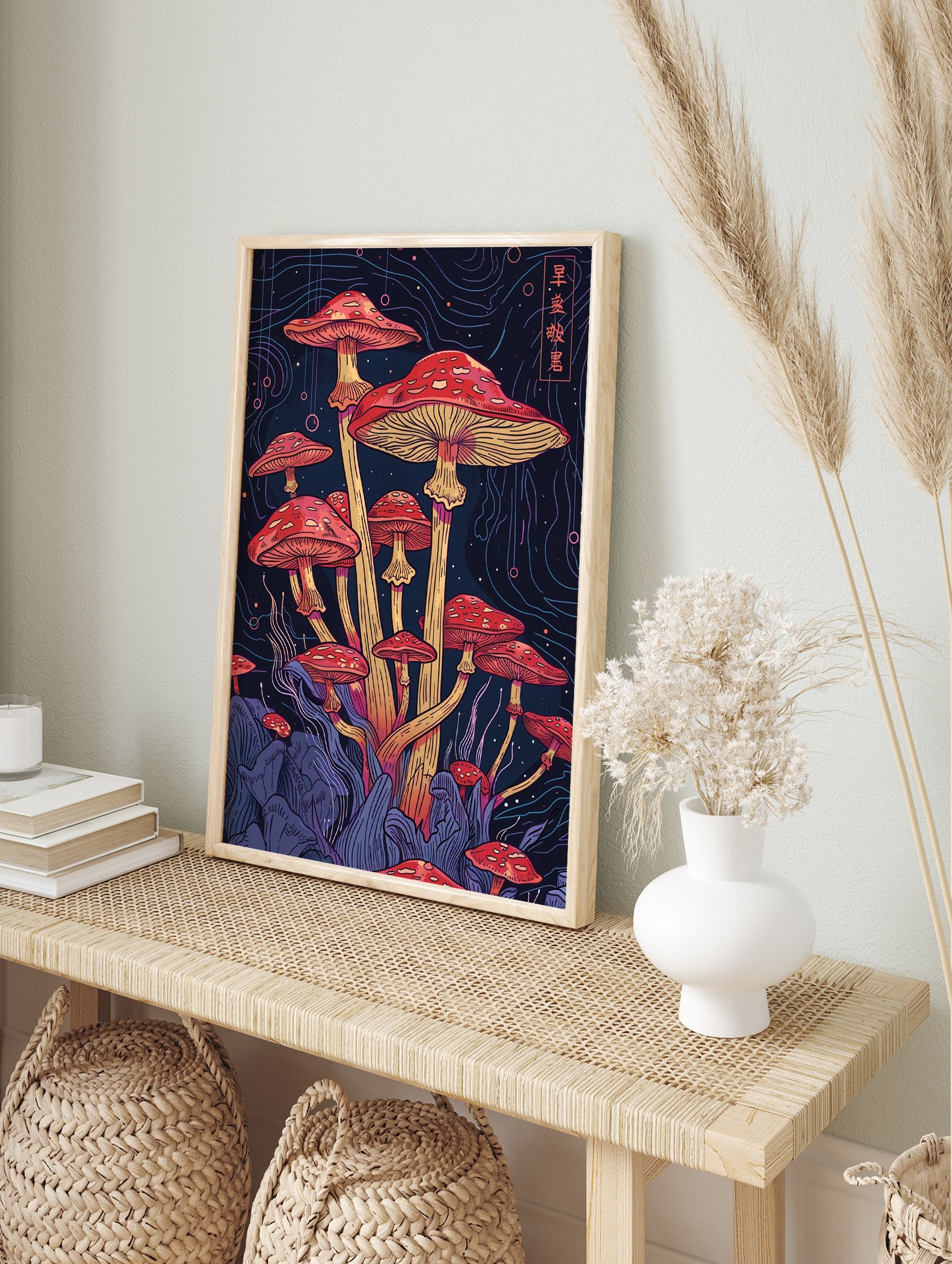 Mushroom poster illustration with red and yellow fungi on a dark background with blue and purple lines, featuring Japanese characters. - Image 4