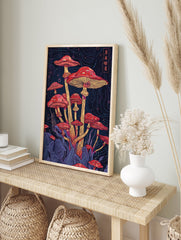 Mushroom poster illustration with red and yellow fungi on a dark background with blue and purple lines, featuring Japanese characters. - Image 4