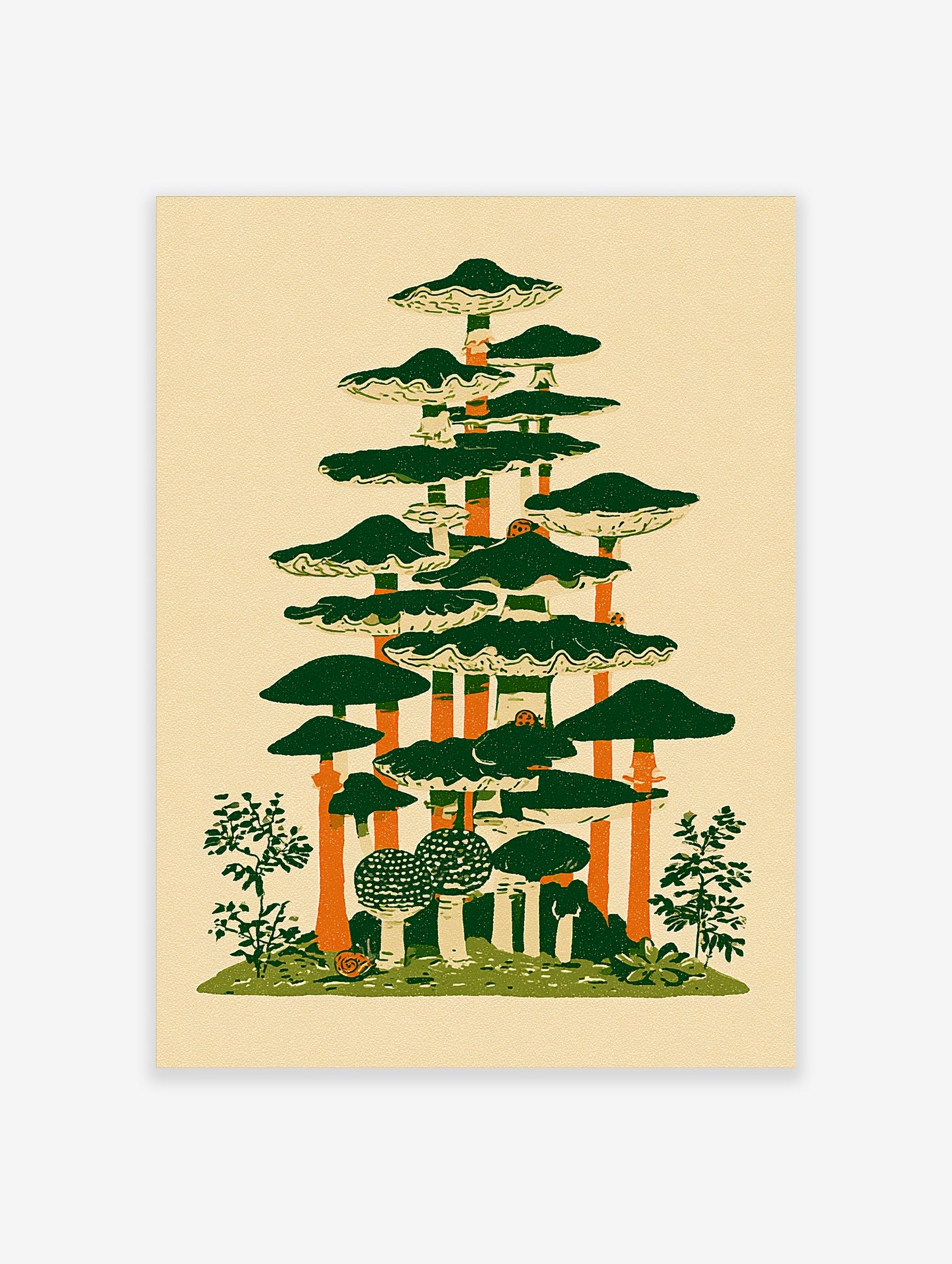 Mushroom stack wall art with green caps, orange stems, plants, and snail on beige background