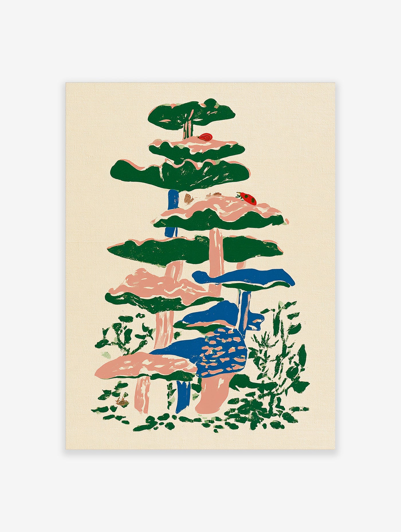 Mushroom stack illustration with green and pink caps, blue stems, ladybirds, and foliage on cream background