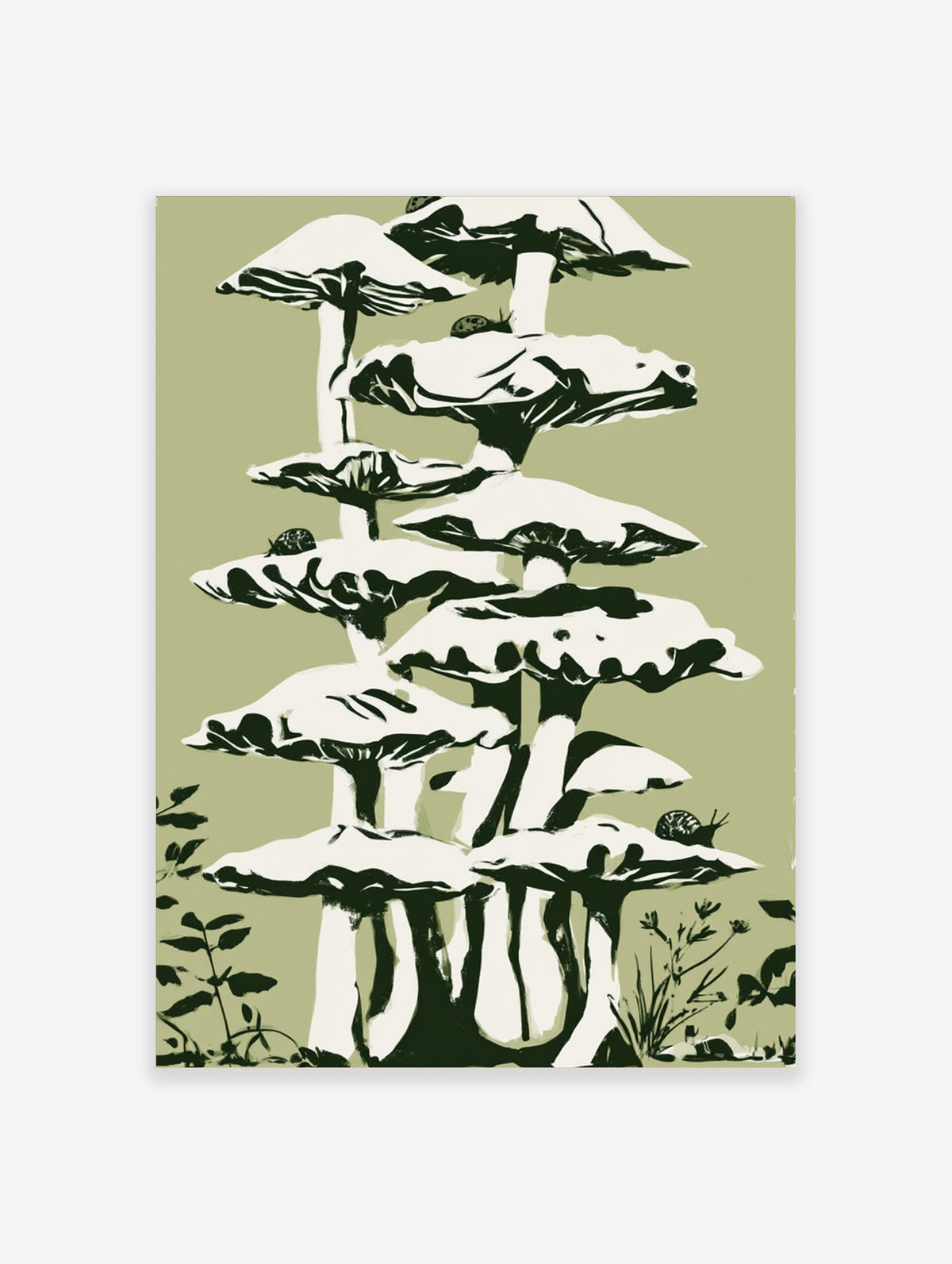 Mushroom stack wall art with snails and foliage on green background