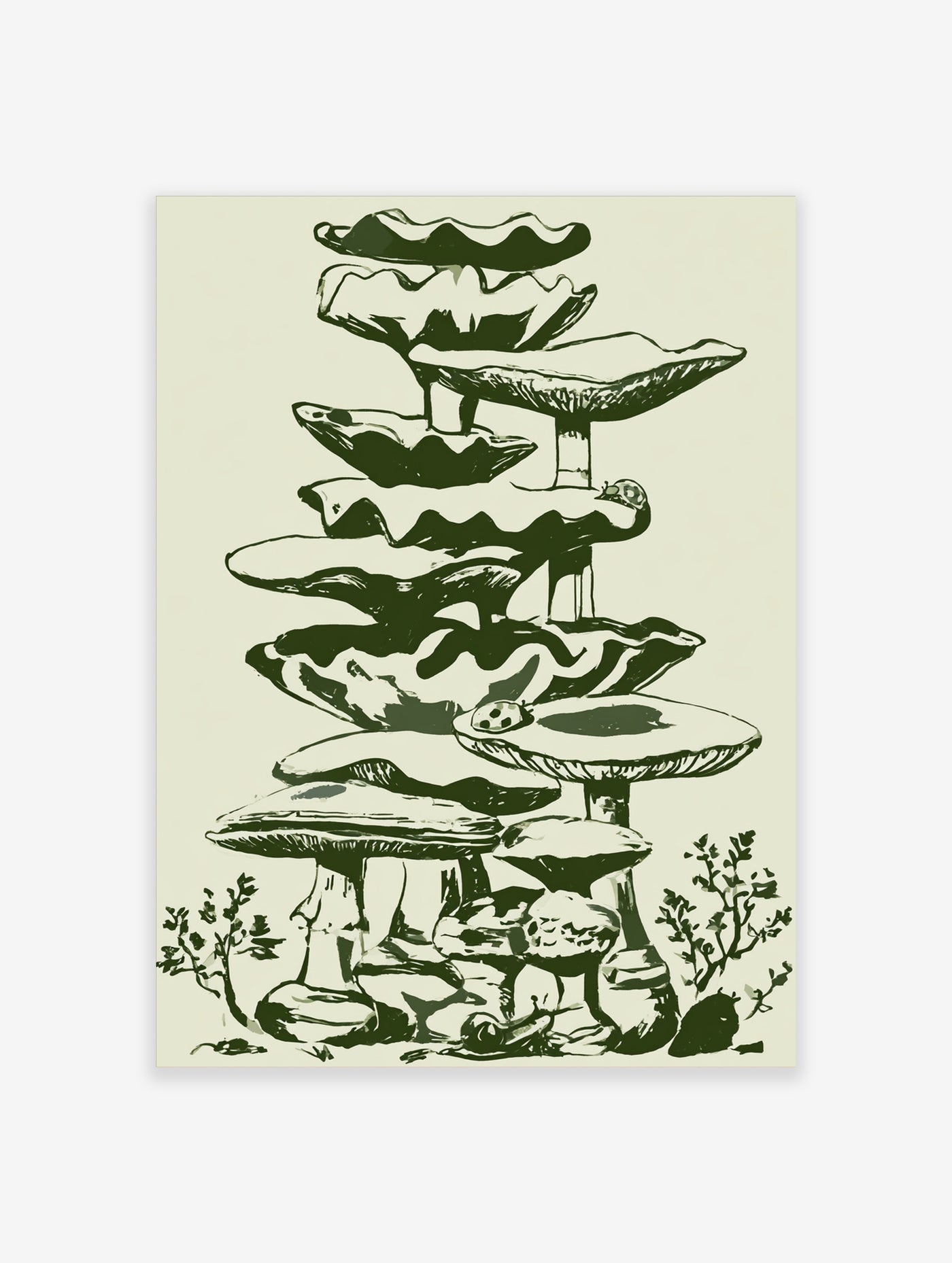 Mushroom tower wall art with stacked fungi, snail, and ladybird in green ink on cream background