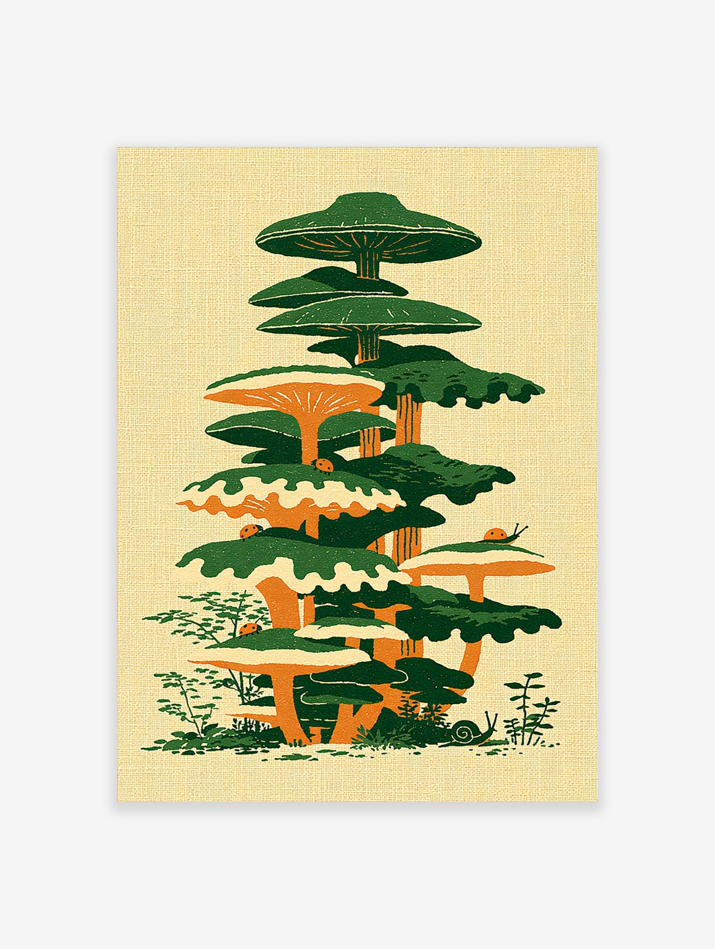 Mushroom tower wall art with stacked green and orange mushrooms, snails, and leaves on beige background