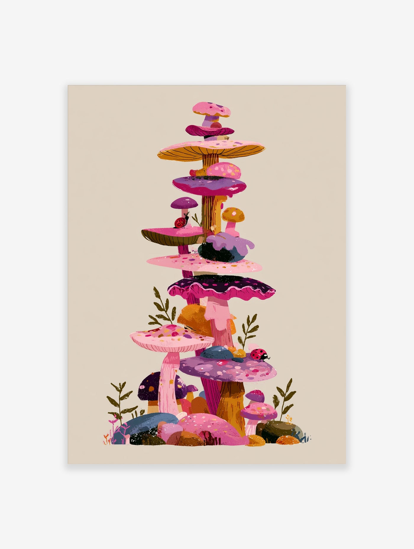 Illustration of a tall stack of pink, purple, and yellow mushrooms with ladybirds and leaves on a beige background