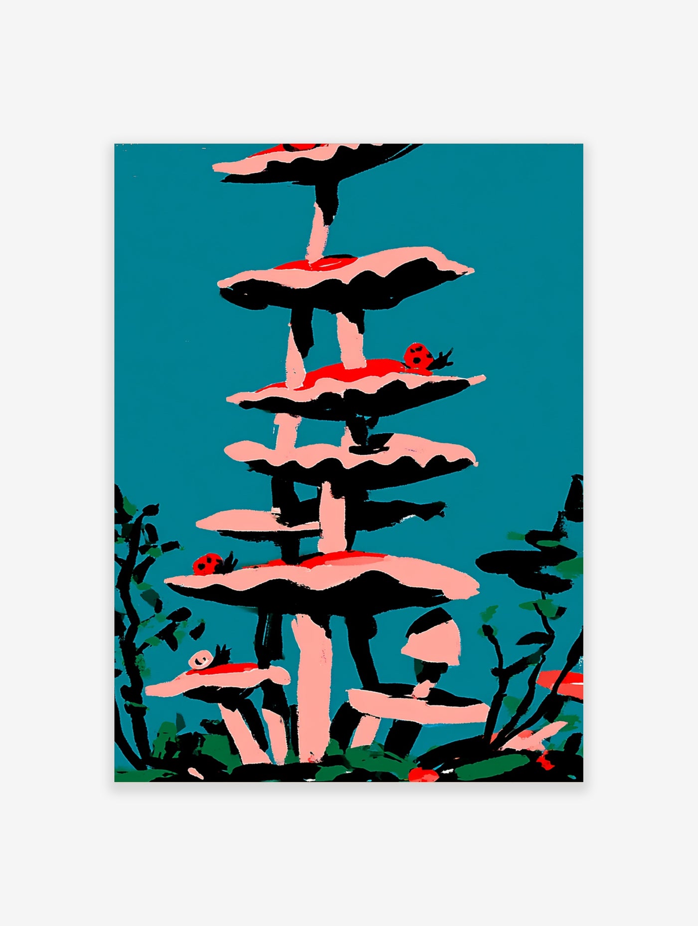 Illustrated mushroom tower with pink caps and ladybirds on teal background, unframed paper print