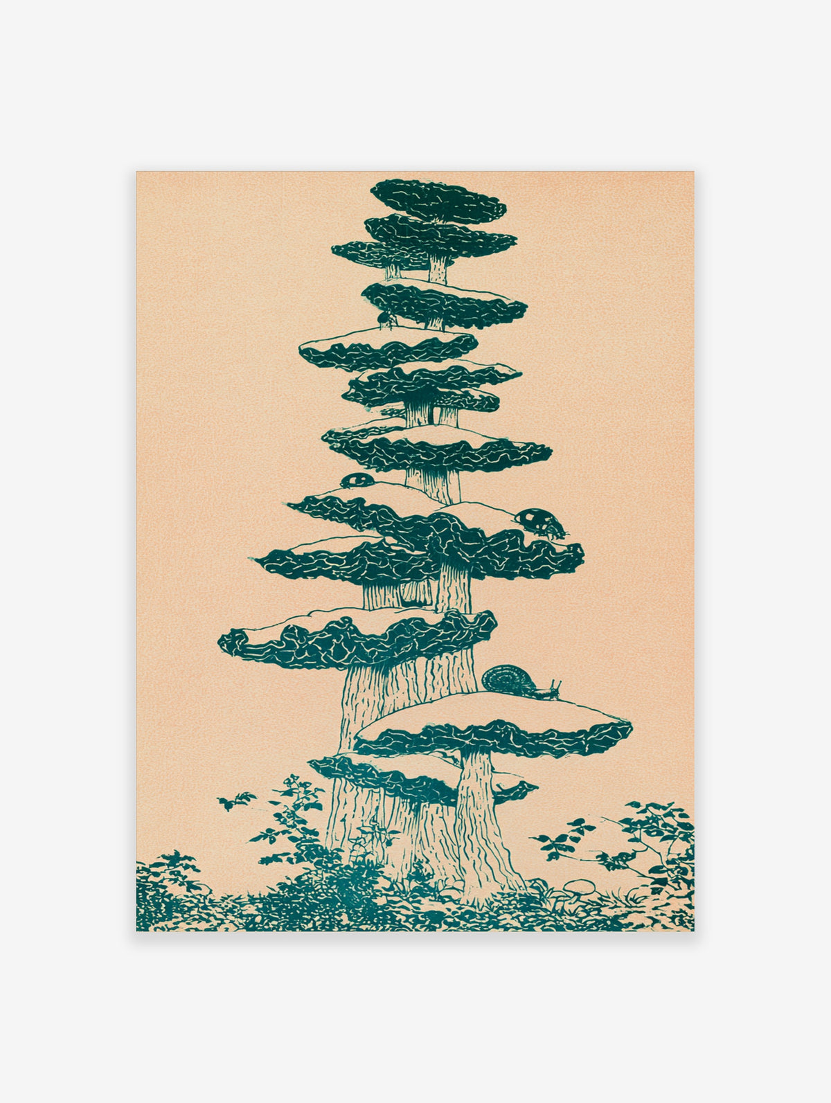 Mushroom tree illustration with snails, teal ink on beige background, botanical art print