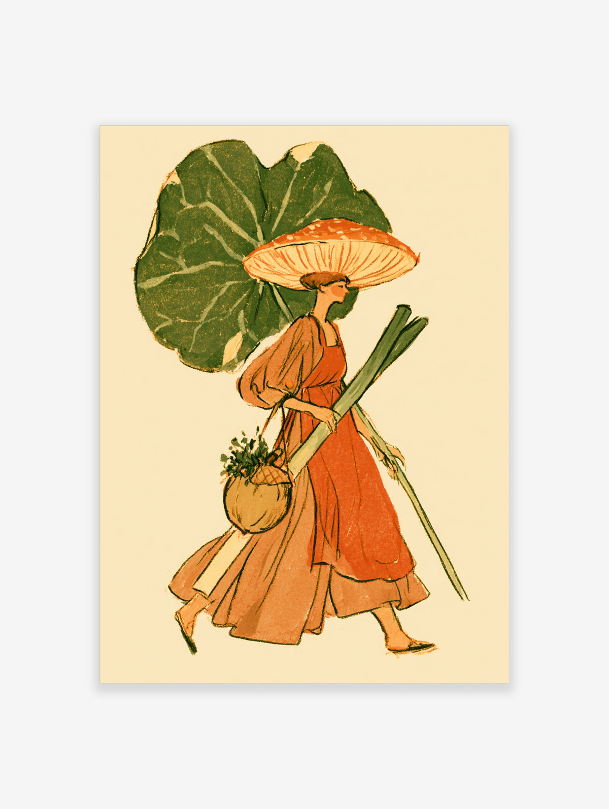 Surreal illustration of a woman in orange dress holding a red mushroom umbrella and giant green leaf