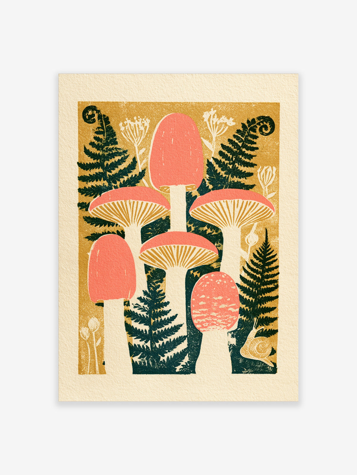 Pink and cream mushroom art print with dark green ferns and a snail on a mustard background