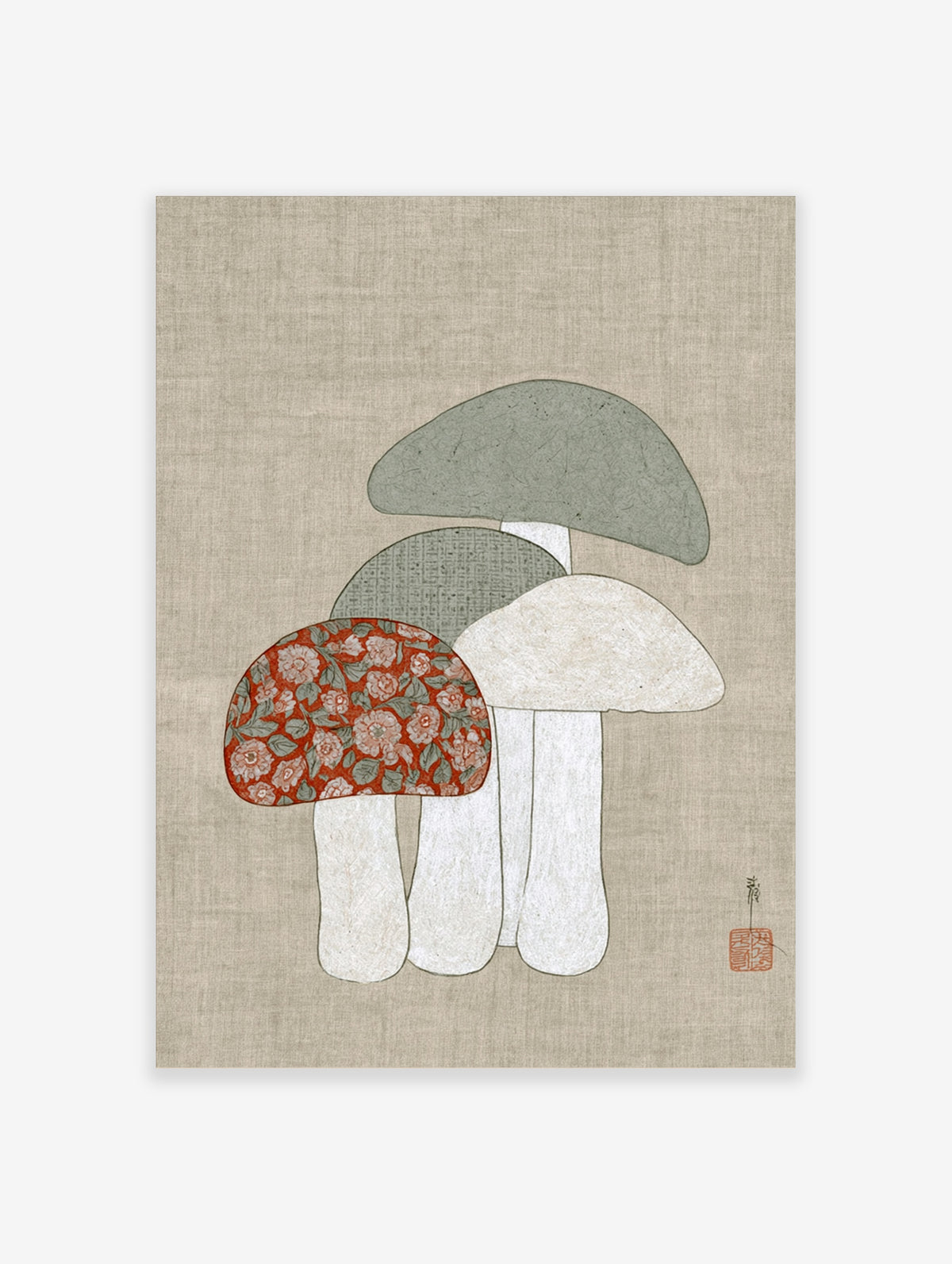 Three stylised mushrooms with grey, white, and floral red caps on a beige background, mushroom wall art print