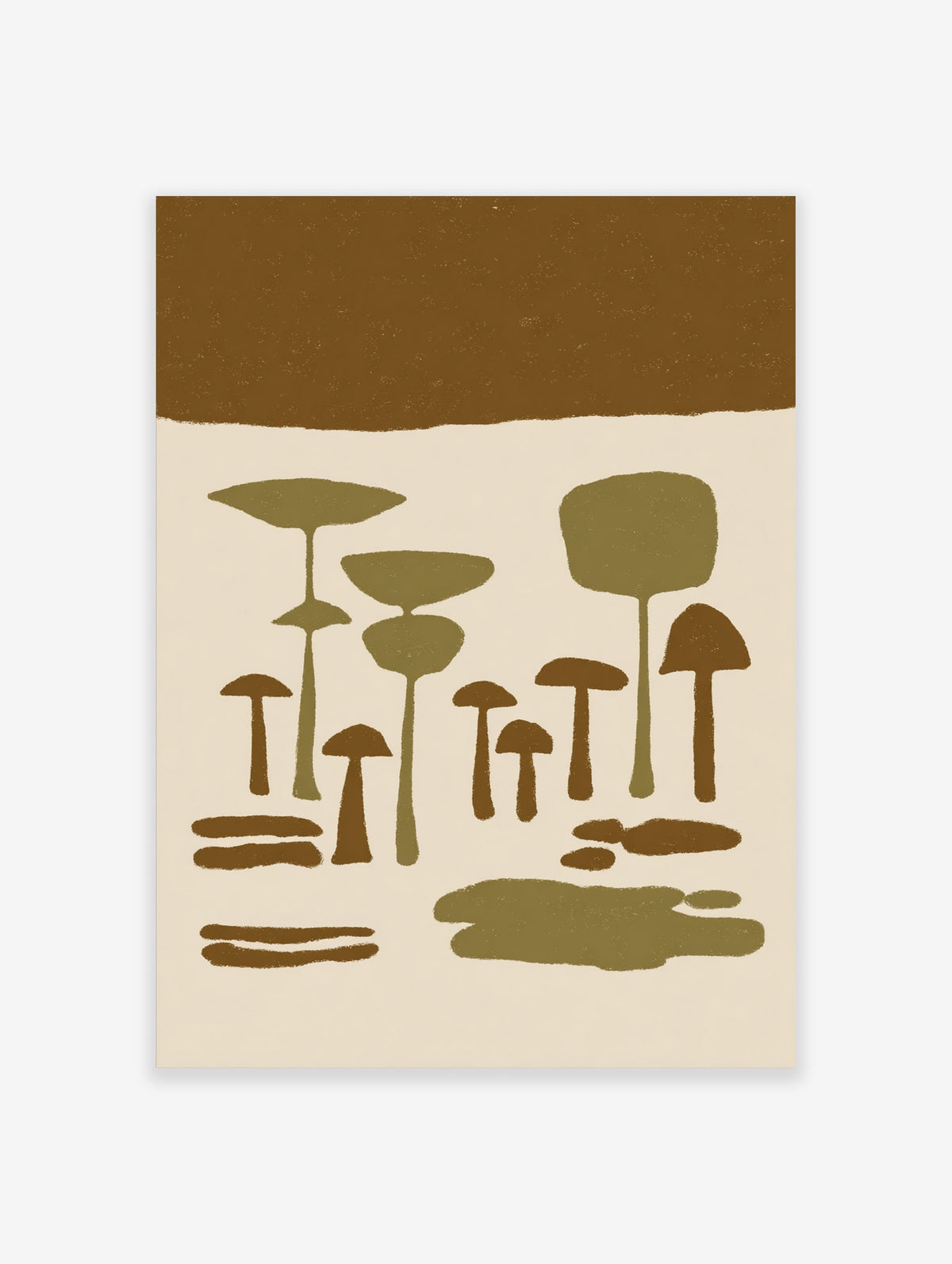 Olive and brown mushroom art print with stylised forest fungi on cream background