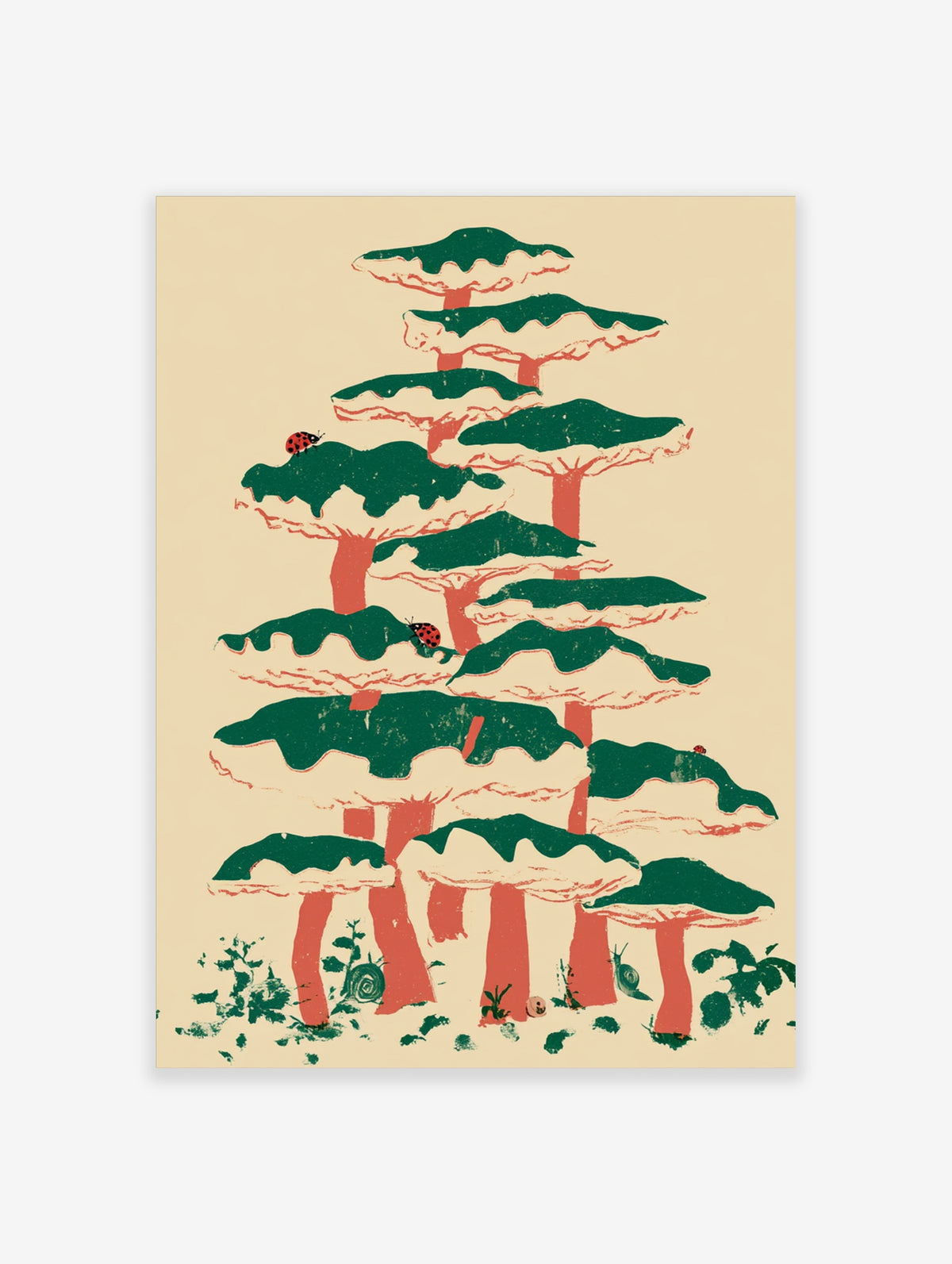 Stylised mushroom illustration with green caps and red stems, ladybirds and snails on cream background