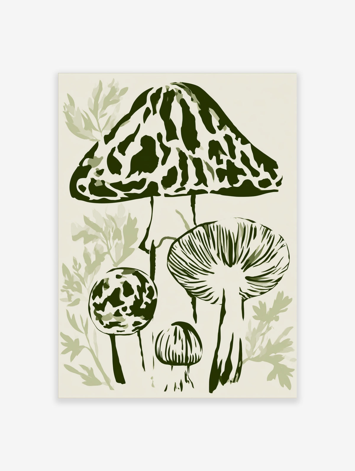 Green mushroom illustration with spotted caps and gills, botanical wall art print on cream background