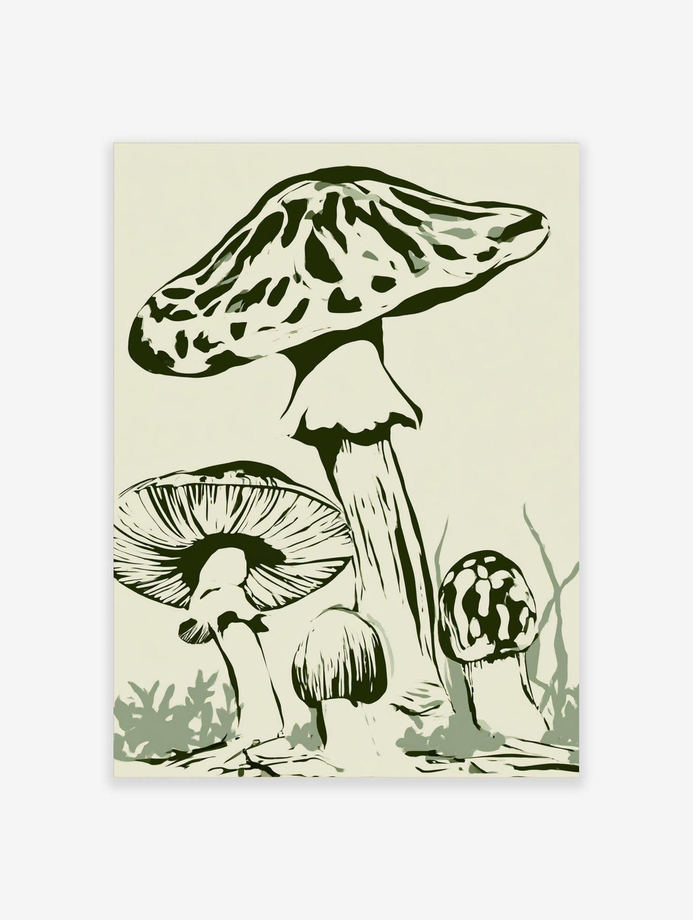 Illustration of four mushrooms in green and beige tones, botanical art print