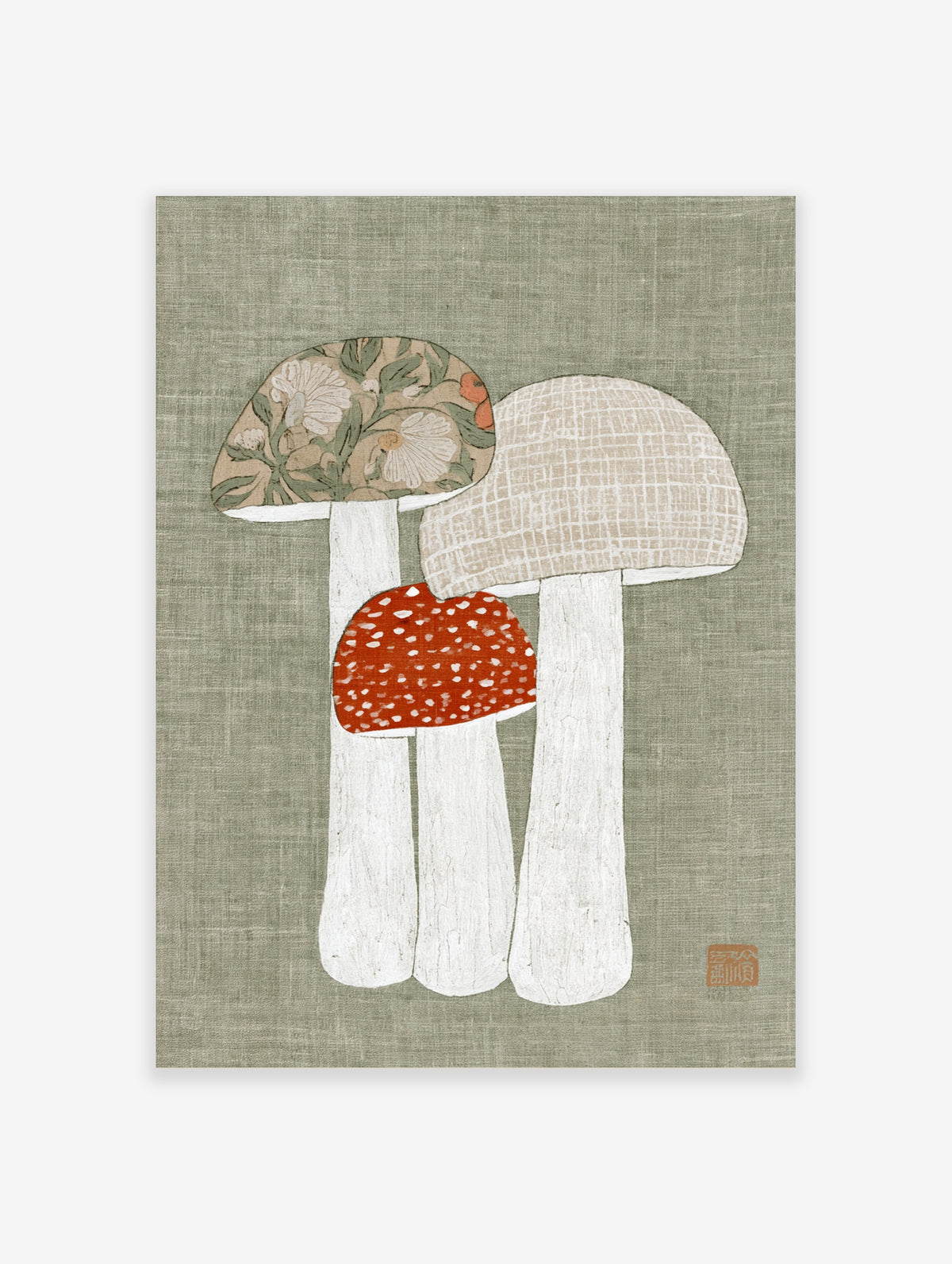 Mushroom art print with three toadstools, floral and grid caps, red spotted centre mushroom, green background