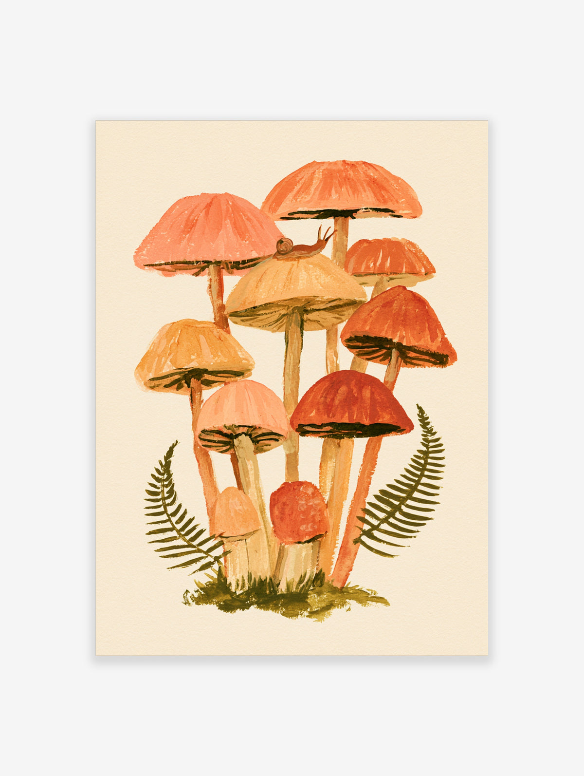 Mushroom wall art print showing orange and peach fungi with a snail and green fern fronds