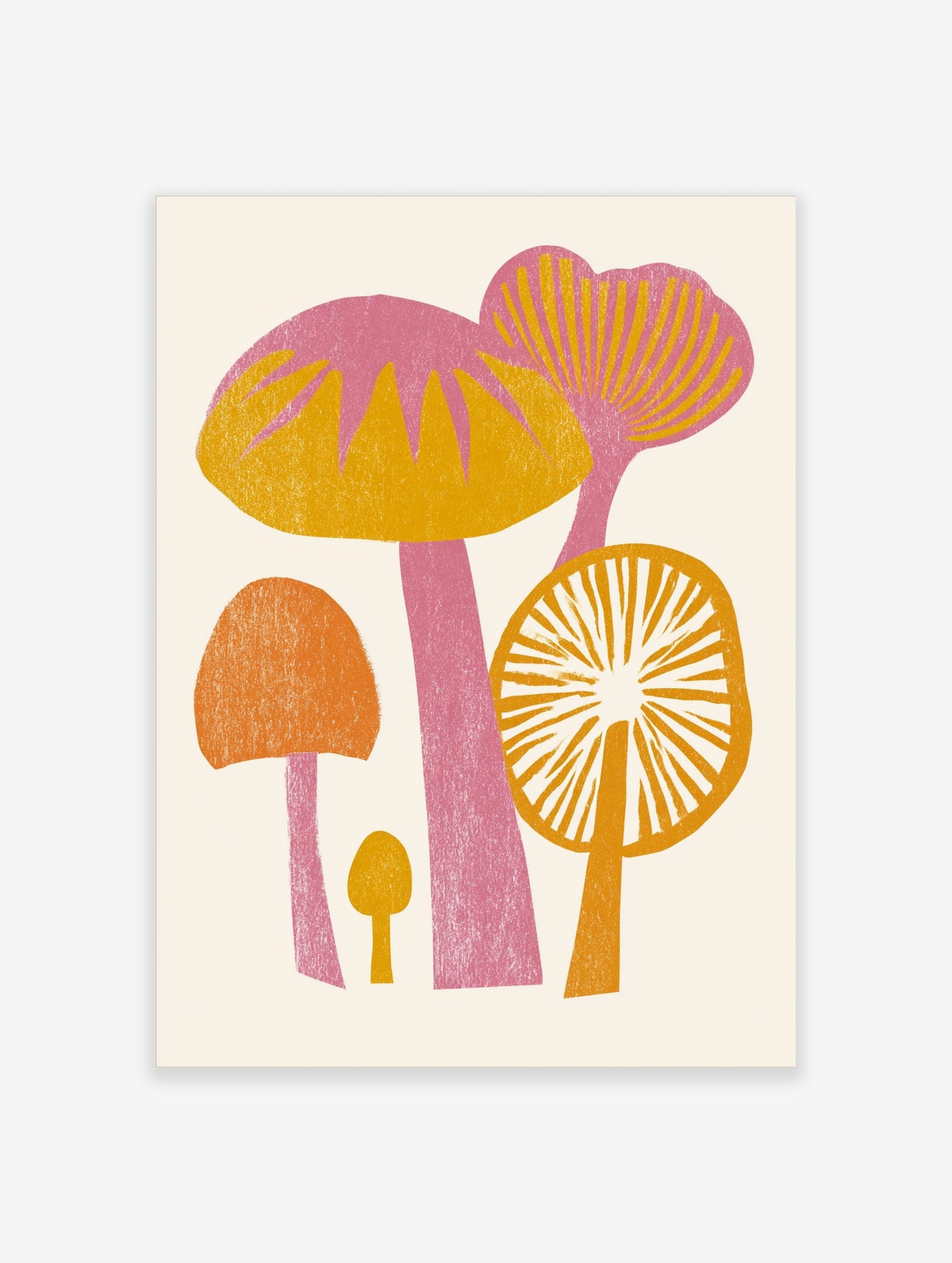Mushroom wall art with pink, orange, and yellow fungi on white background