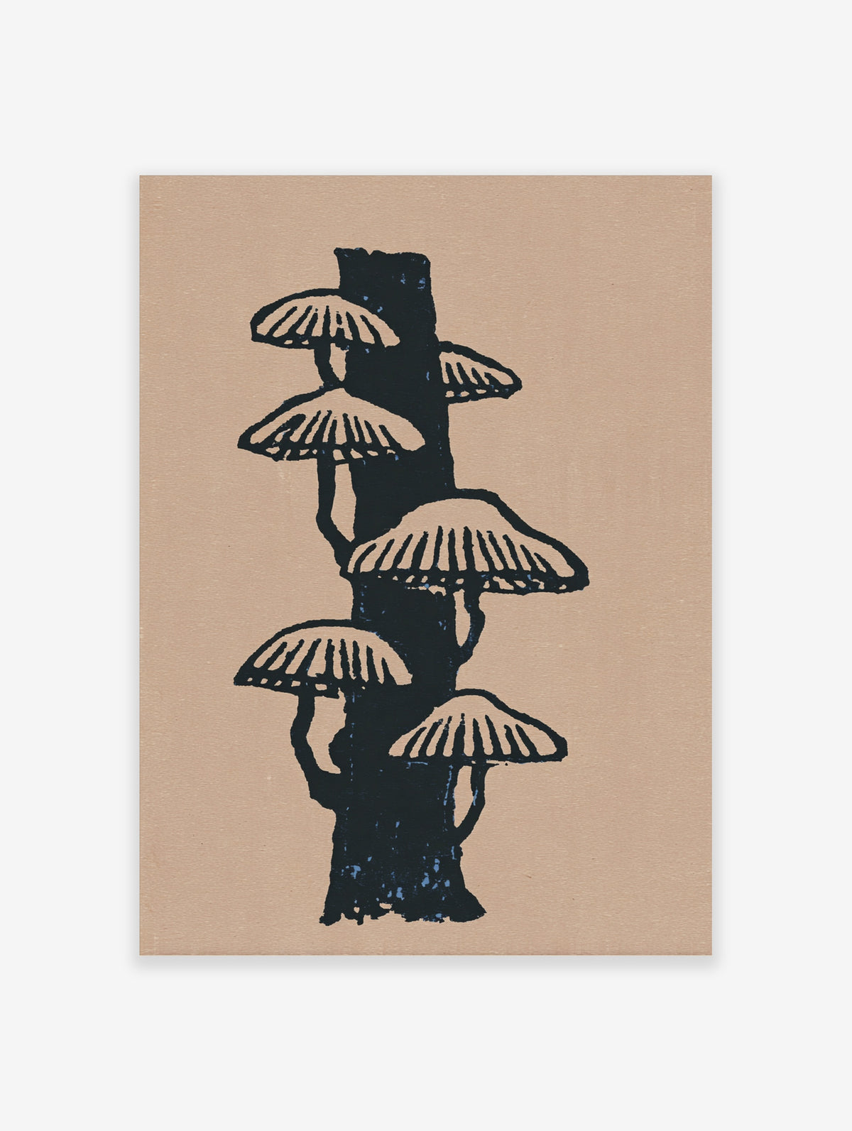 Black and beige mushroom illustration on a tree trunk, unframed paper print