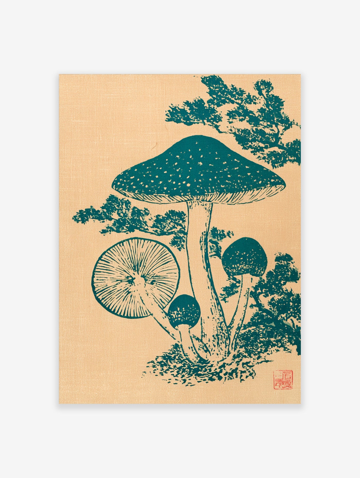 Teal mushroom illustration with gills and foliage on beige background, botanical wall art print