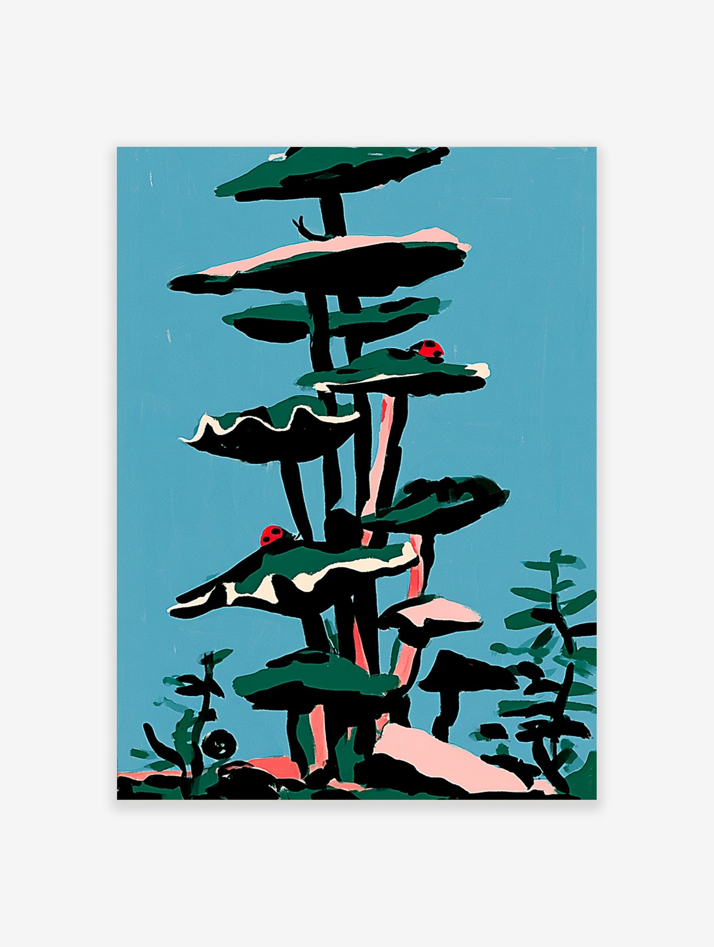 Botanical mushroom illustration with green caps, pink accents, and red ladybirds on blue background, unframed paper print