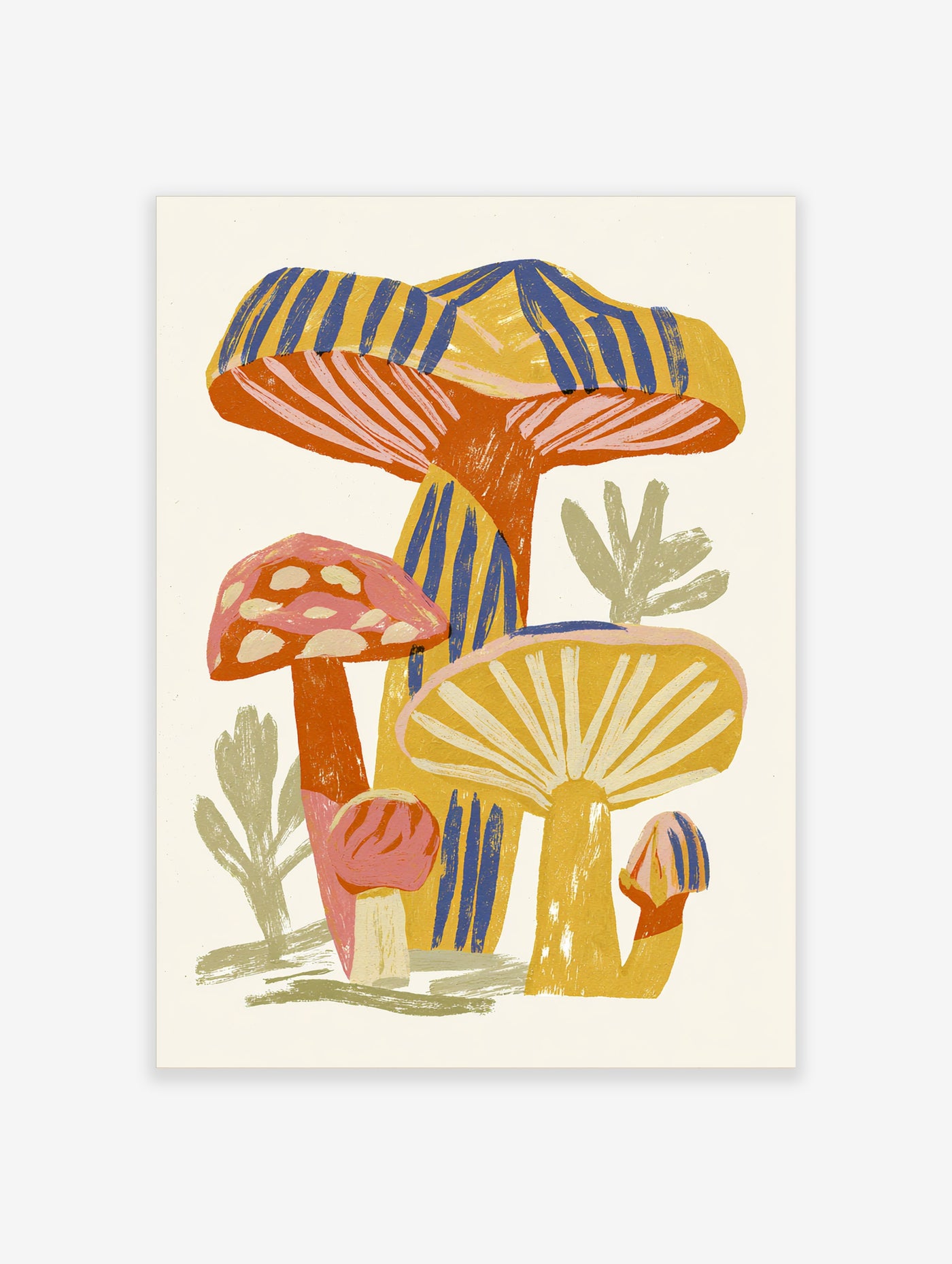 Colourful mushroom illustration with striped caps and gills on cream background