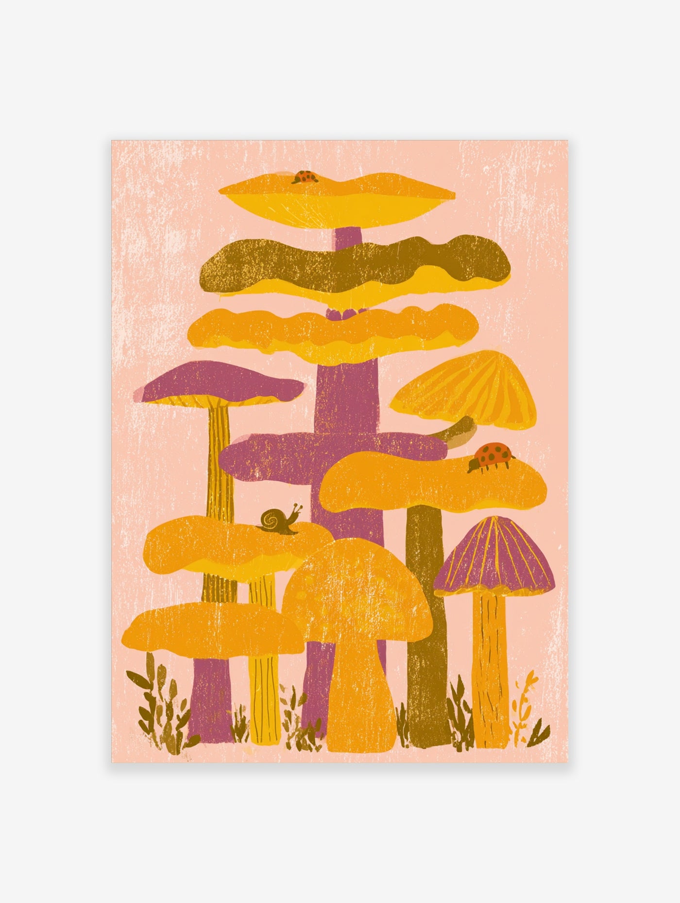 Colourful mushroom illustration with snails and ladybirds on pink background, unframed paper print