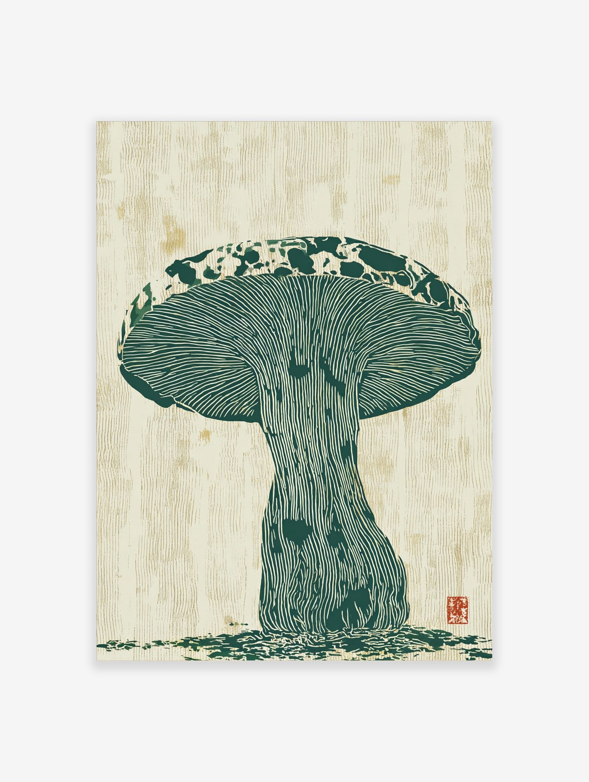Green woodcut-style mushroom botanical print with textured gills and cap on a cream background, with a red seal