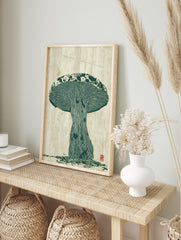 Green woodcut-style mushroom botanical print with textured gills and cap on a cream, in an alternate framed mockup