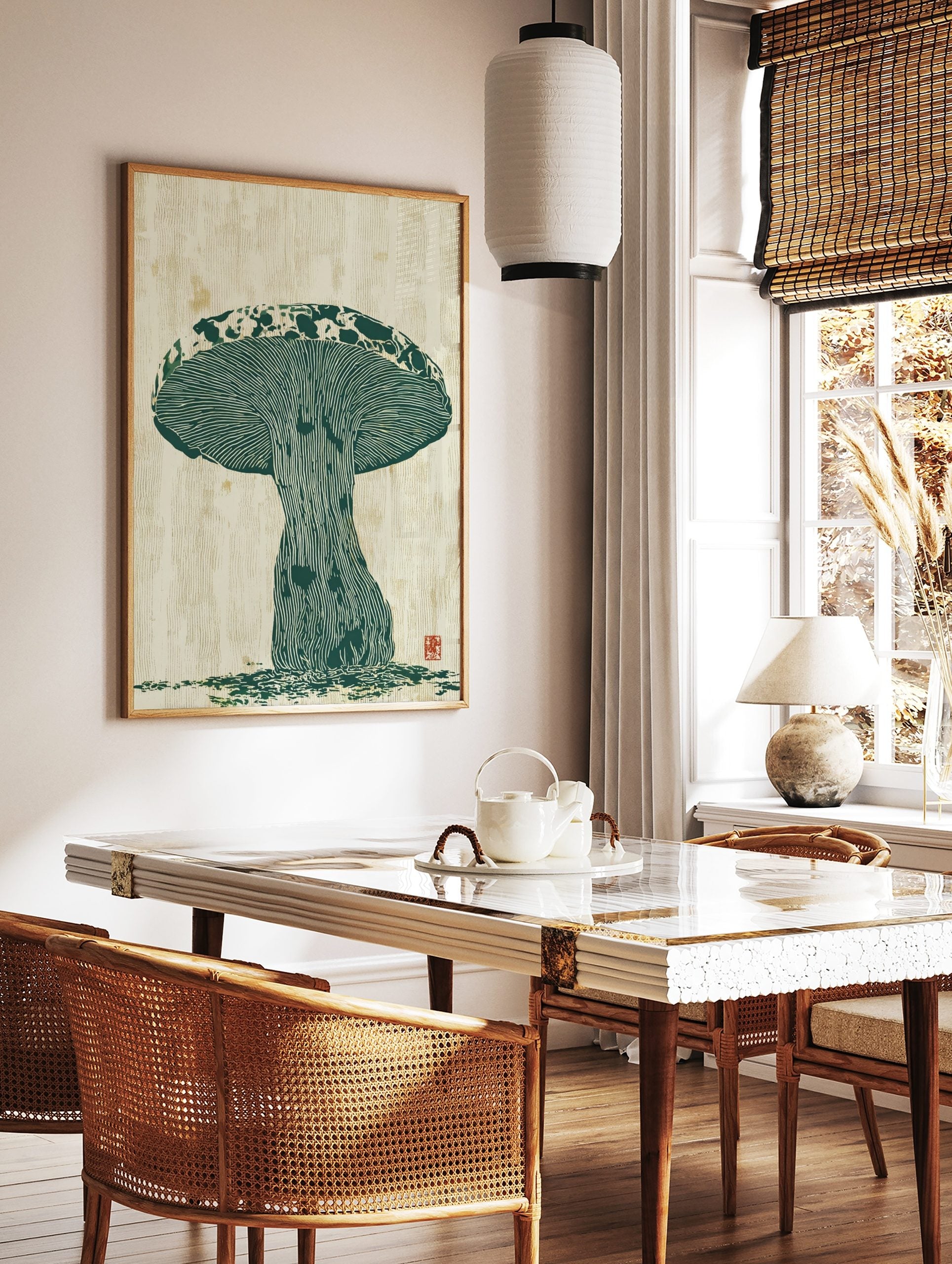 Green woodcut-style mushroom botanical print with textured gills and cap on a cream background, in a styled room mockup