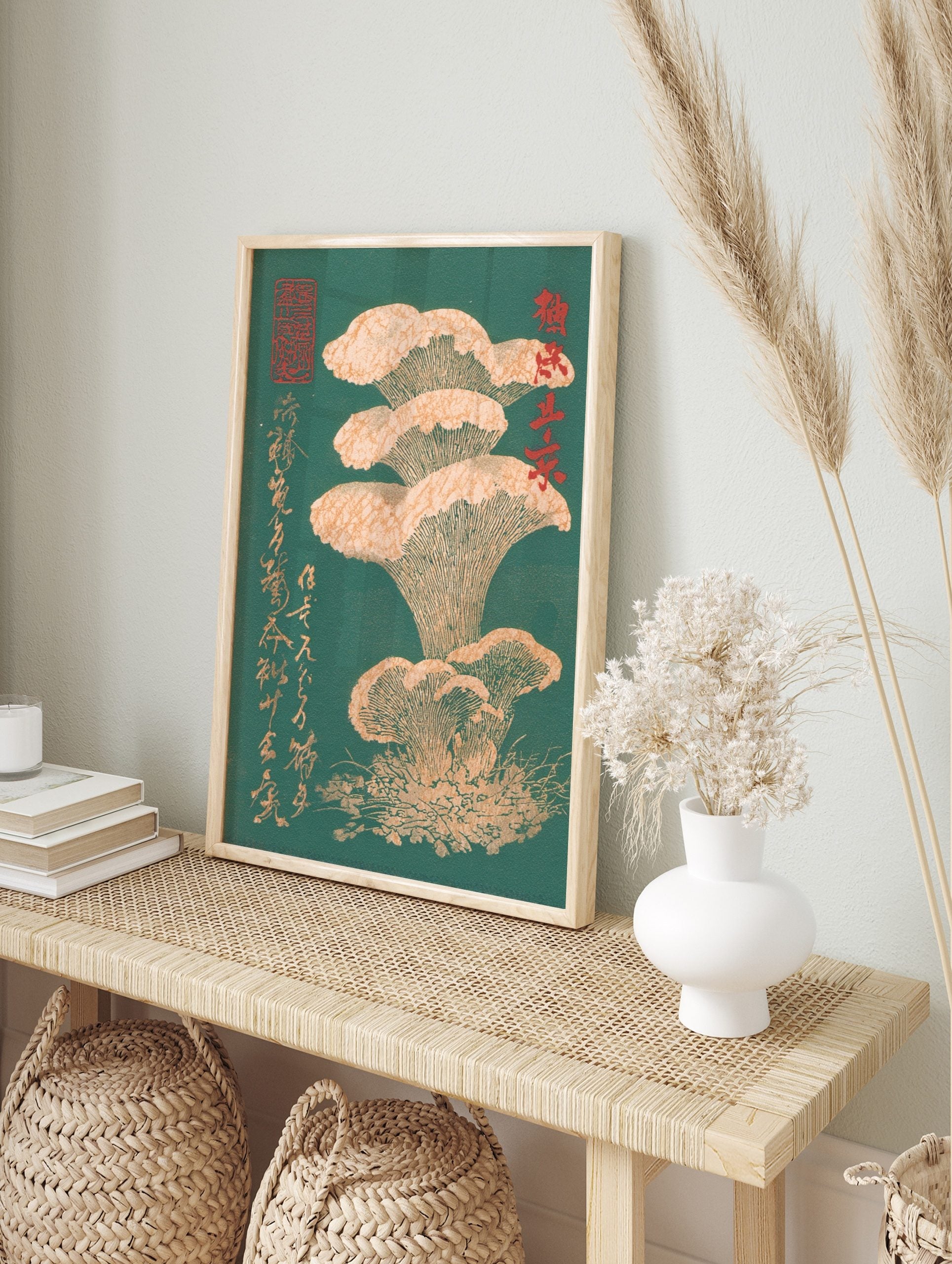 Japanese woodblock style art print of beige mushrooms with prominent gills on a deep green, in an alternate framed mockup