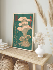Japanese woodblock style art print of beige mushrooms with prominent gills on a deep green, in an alternate framed mockup