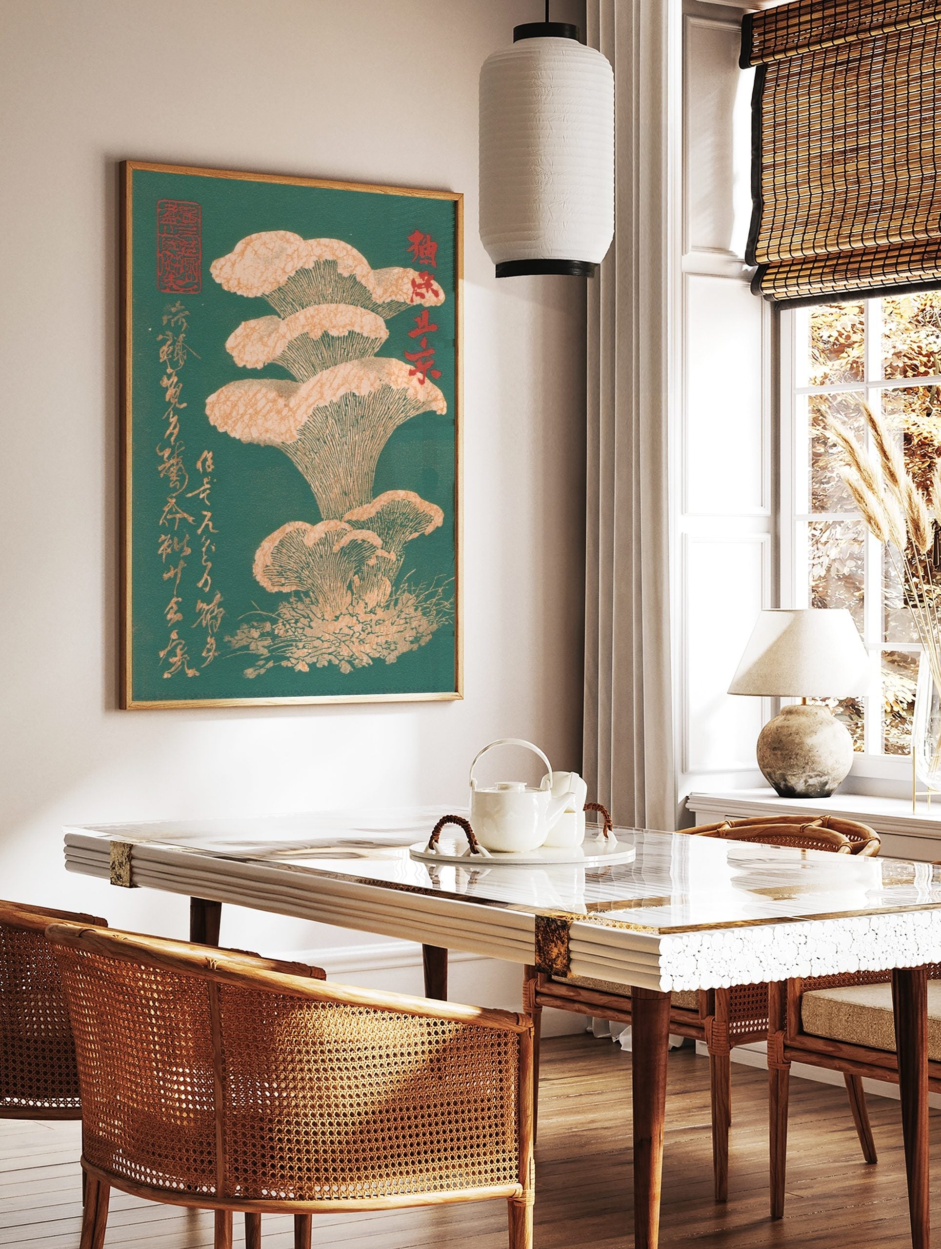 Japanese woodblock style art print of beige mushrooms with prominent gills on a deep green, in a styled room mockup