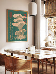 Japanese woodblock style art print of beige mushrooms with prominent gills on a deep green, in a styled room mockup